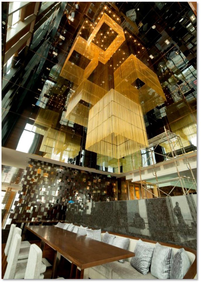 Custom gold plated chandelier in Hilton Shijiazhuang Hotel lobby